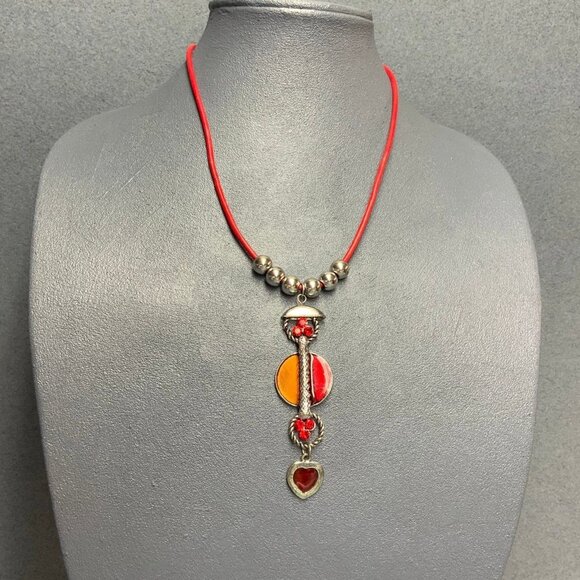 Abstract Pendant Cord Necklace 18 In Retro Red Orange Rhinestone Silver Rope - Picture 1 of 6
